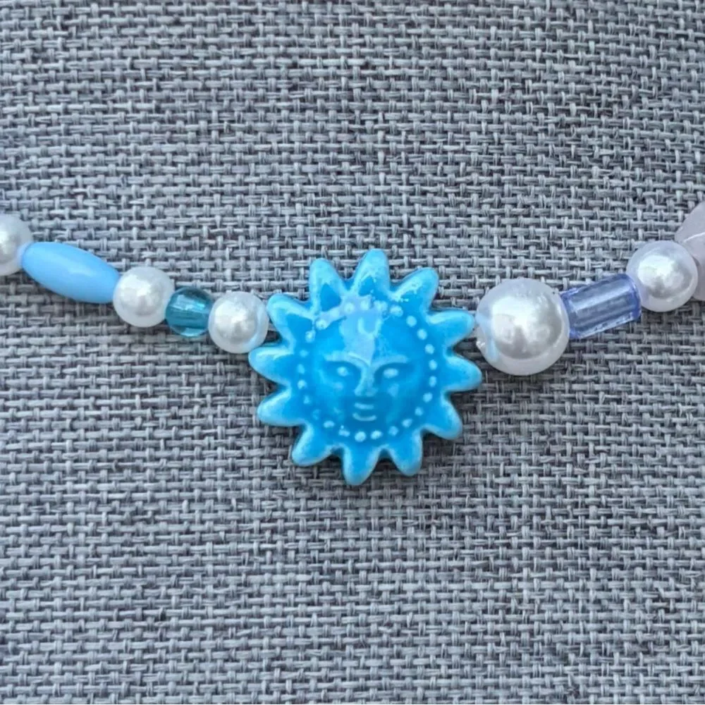 Two (2) Urban Outfitters OU Layering Blue Mushroom Sundial Beaded Necklaces NWT